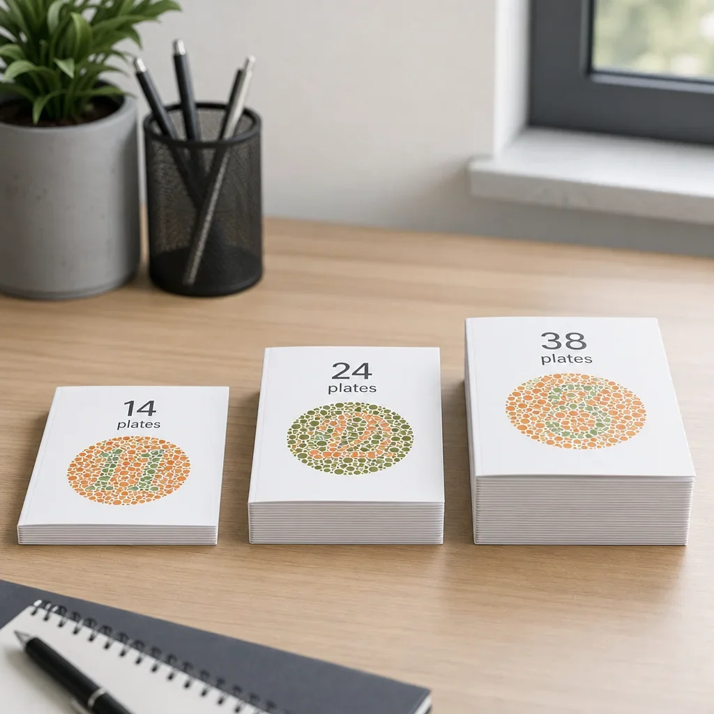 Three Ishihara-style test versions arranged by plate count: 14, 24, and 38.