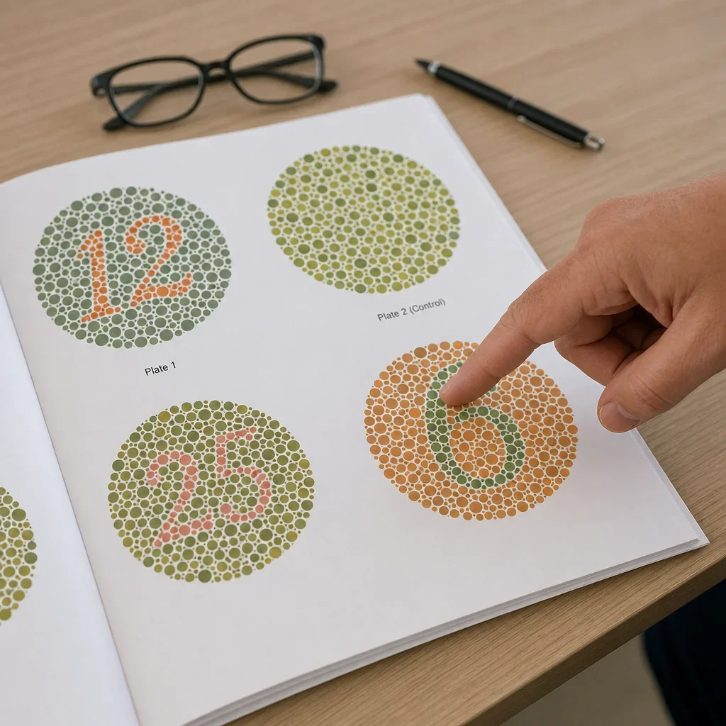 Close-up of an Ishihara-style color vision test booklet with dot plates.
