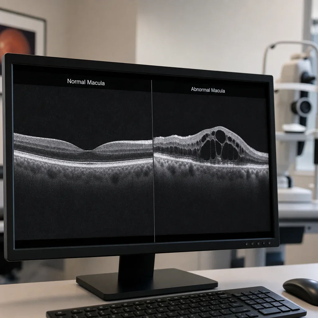 Side-by-side normal and abnormal OCT retinal scans on a clinic monitor.
