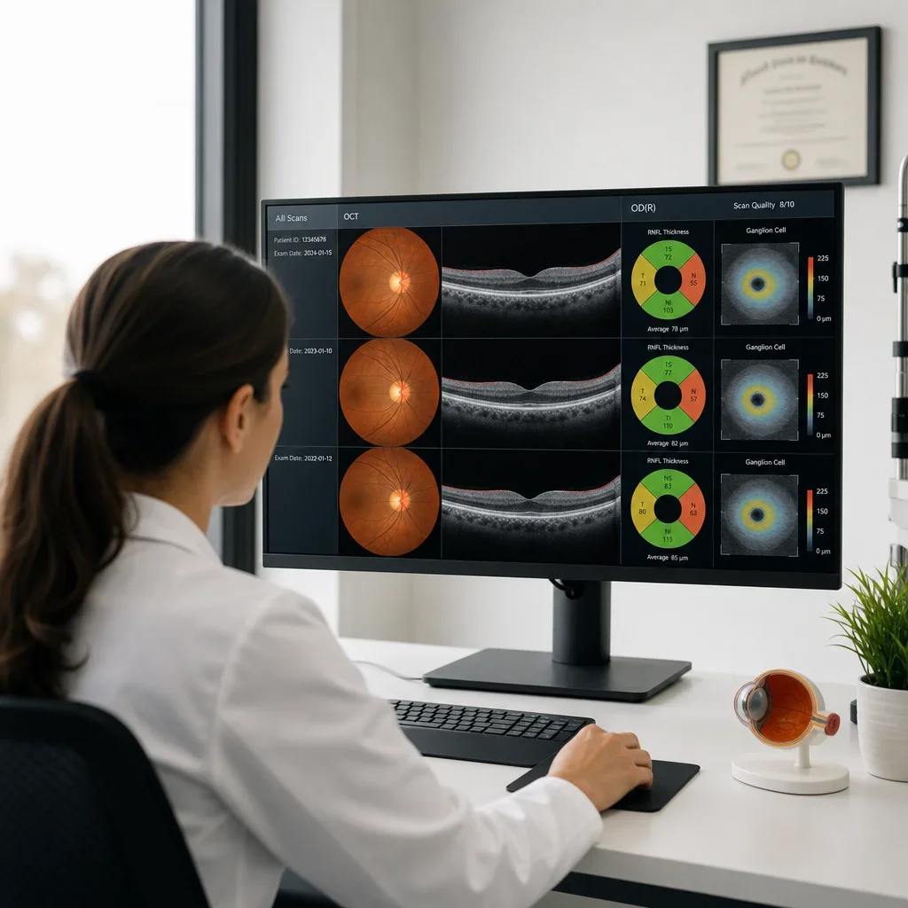 A clinician comparing OCT scans to monitor eye disease over time.