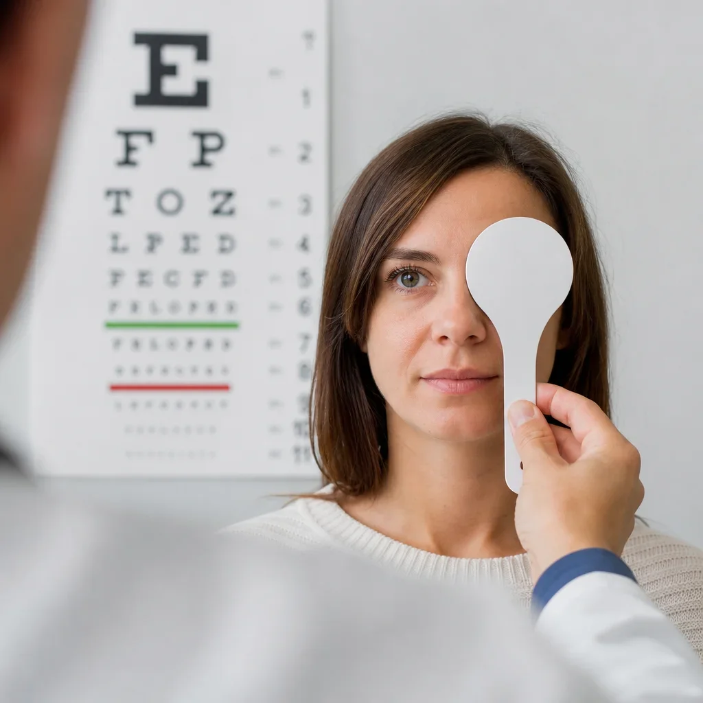 A patient covering one eye during a vision test.