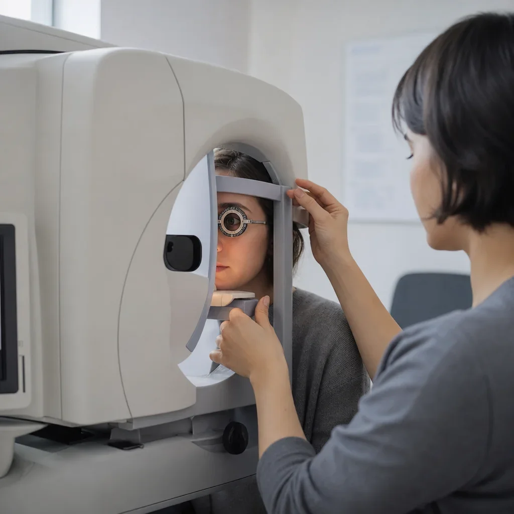 A technician adjusting a patient&rsquo;s position because brow and lens placement can affect peripheral field testing.