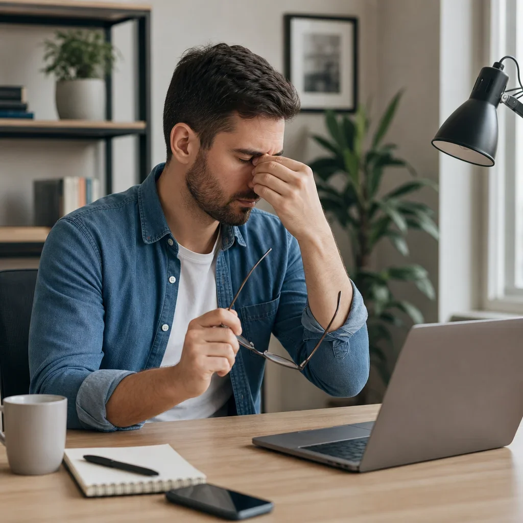 A person taking a visual break from a computer to reduce eye strain.