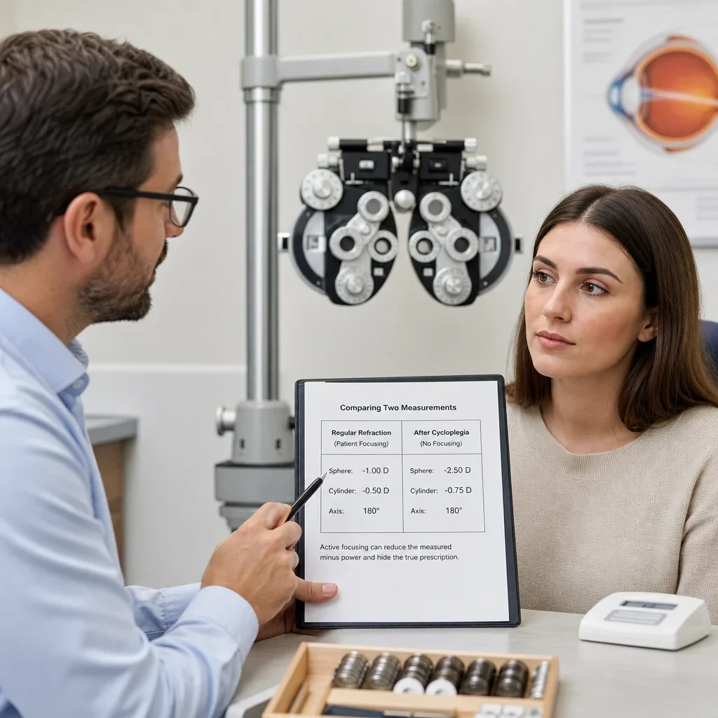 An optometrist comparing standard and cycloplegic refraction measurements in an exam room.