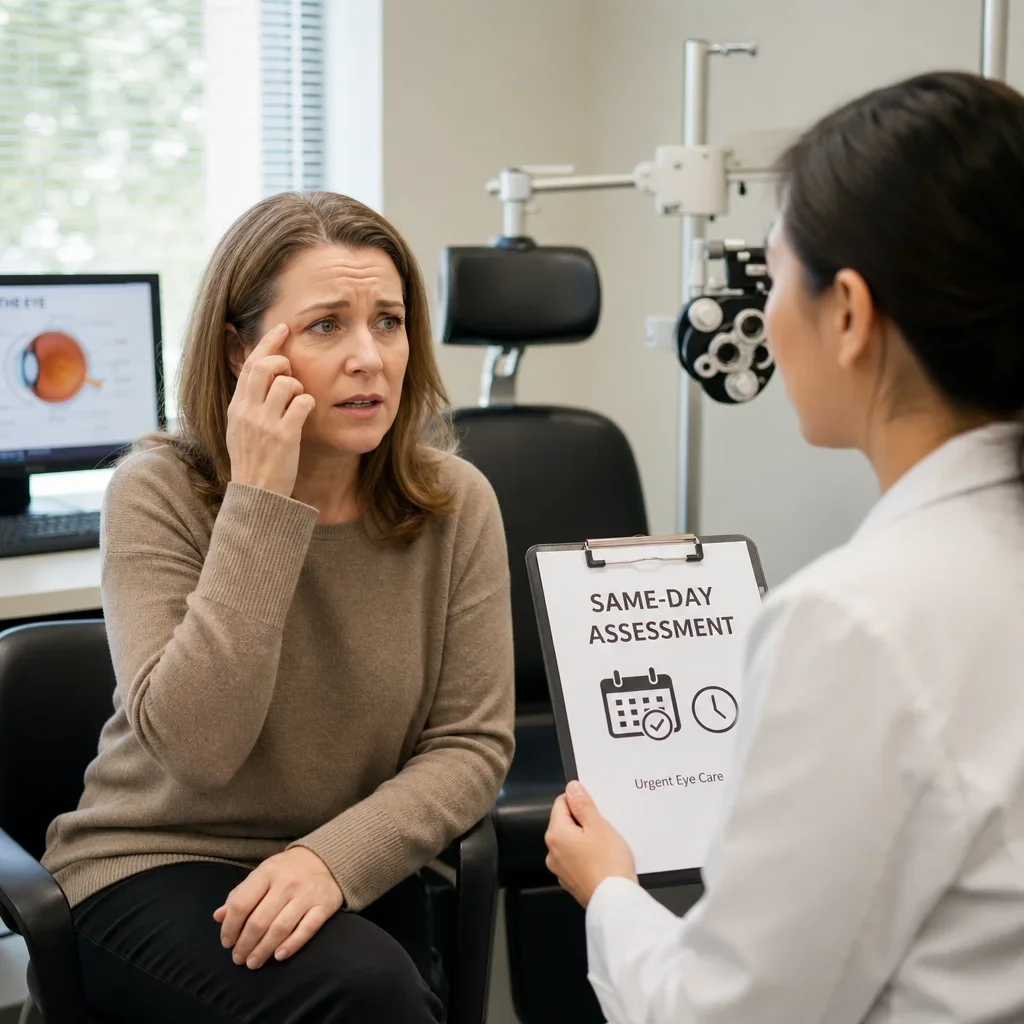 A patient seeking same-day eye care for urgent vision symptoms.