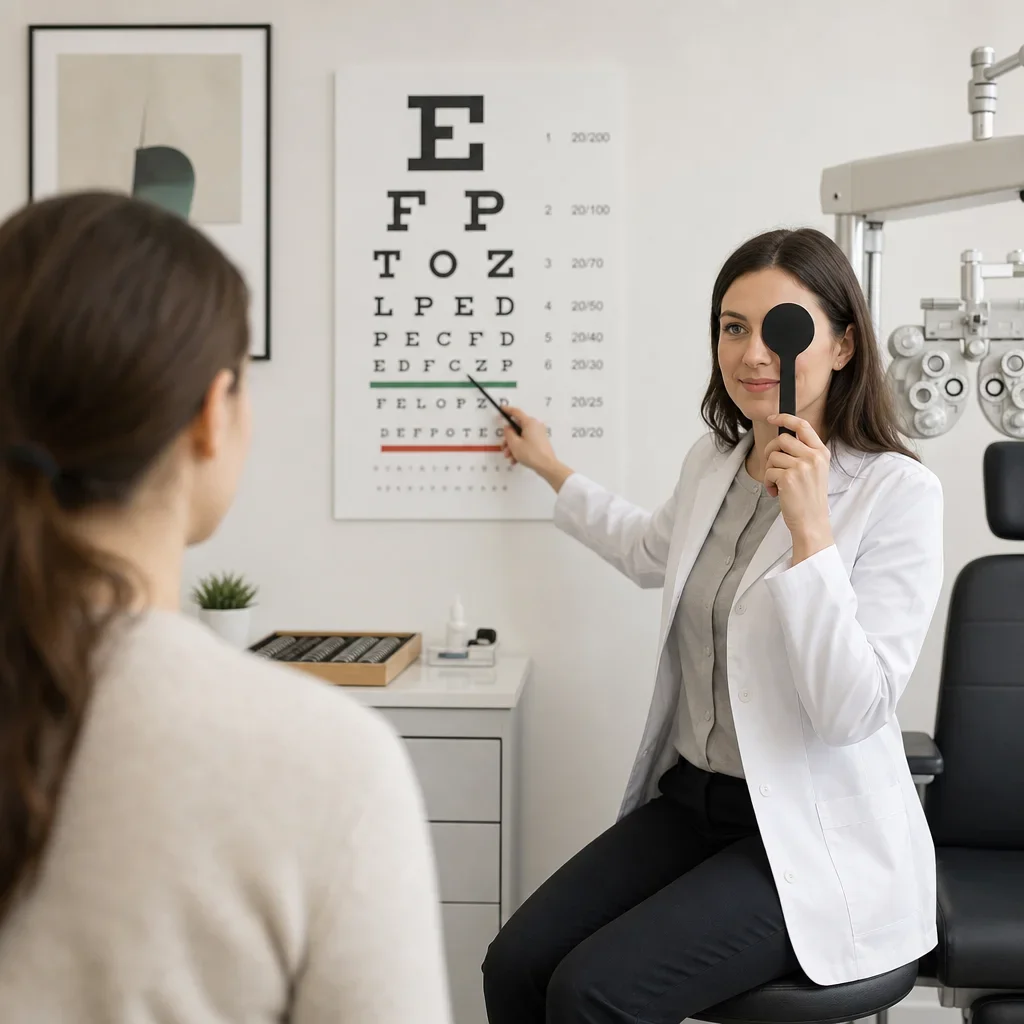 An optometrist testing a patient’s visual acuity with an eye chart.