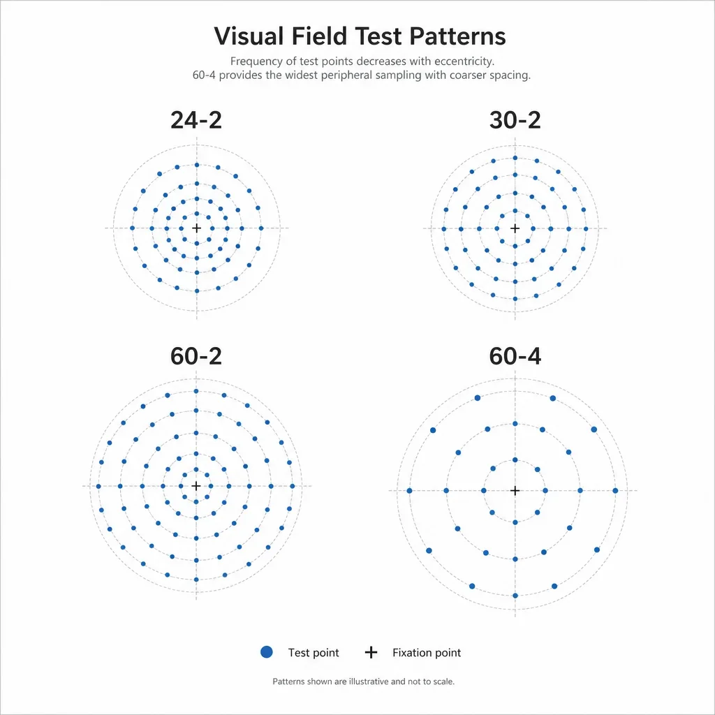 A diagram comparing four visual field test patterns and their relative coverage.