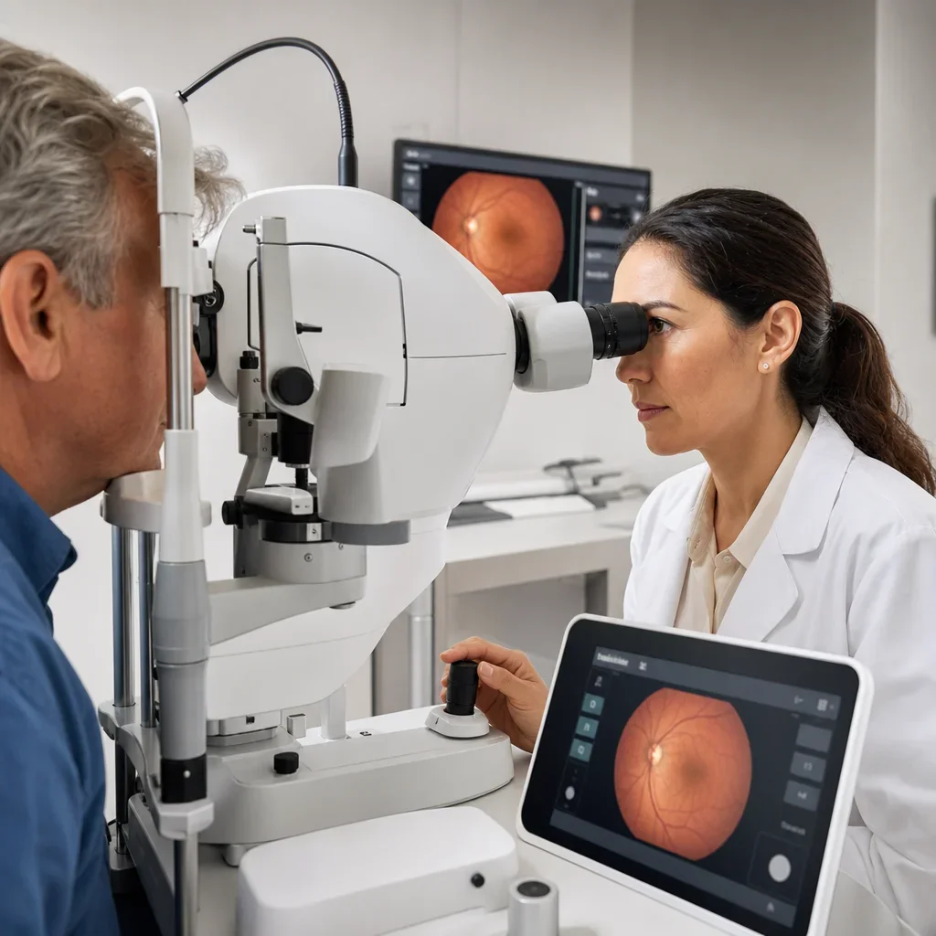 An optometrist performing a detailed eye health exam with clinic equipment.