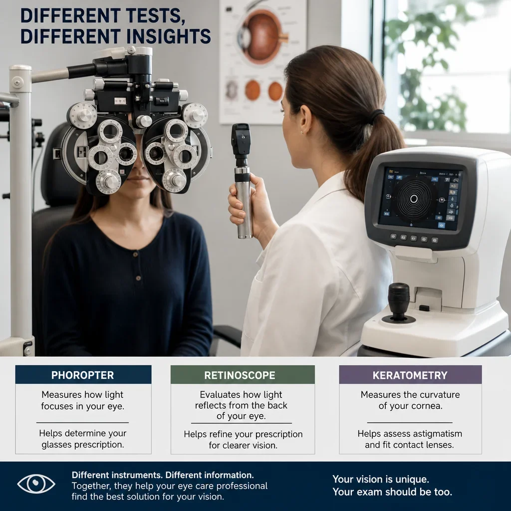 Eye exam equipment used for subjective refraction, retinoscopy, and keratometry.