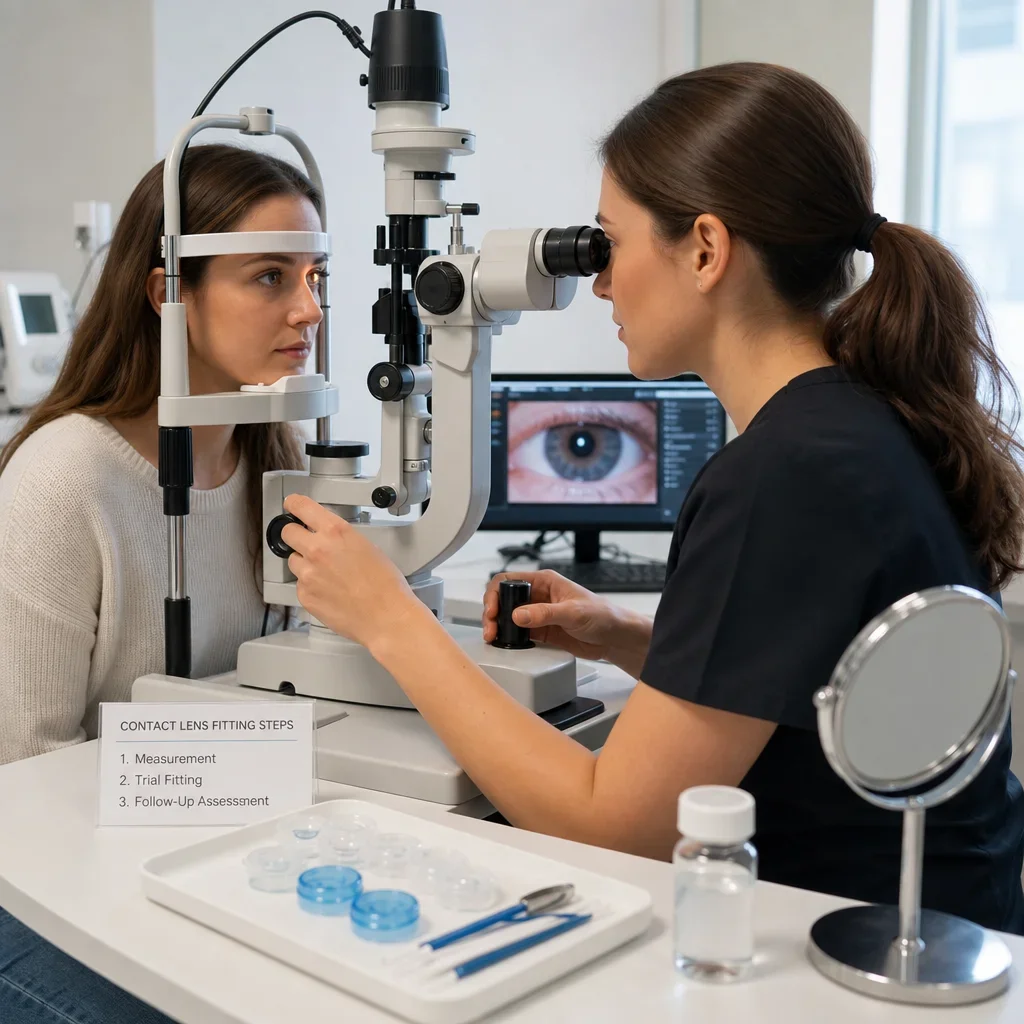 Optometrist fitting trial contact lenses during an exam.