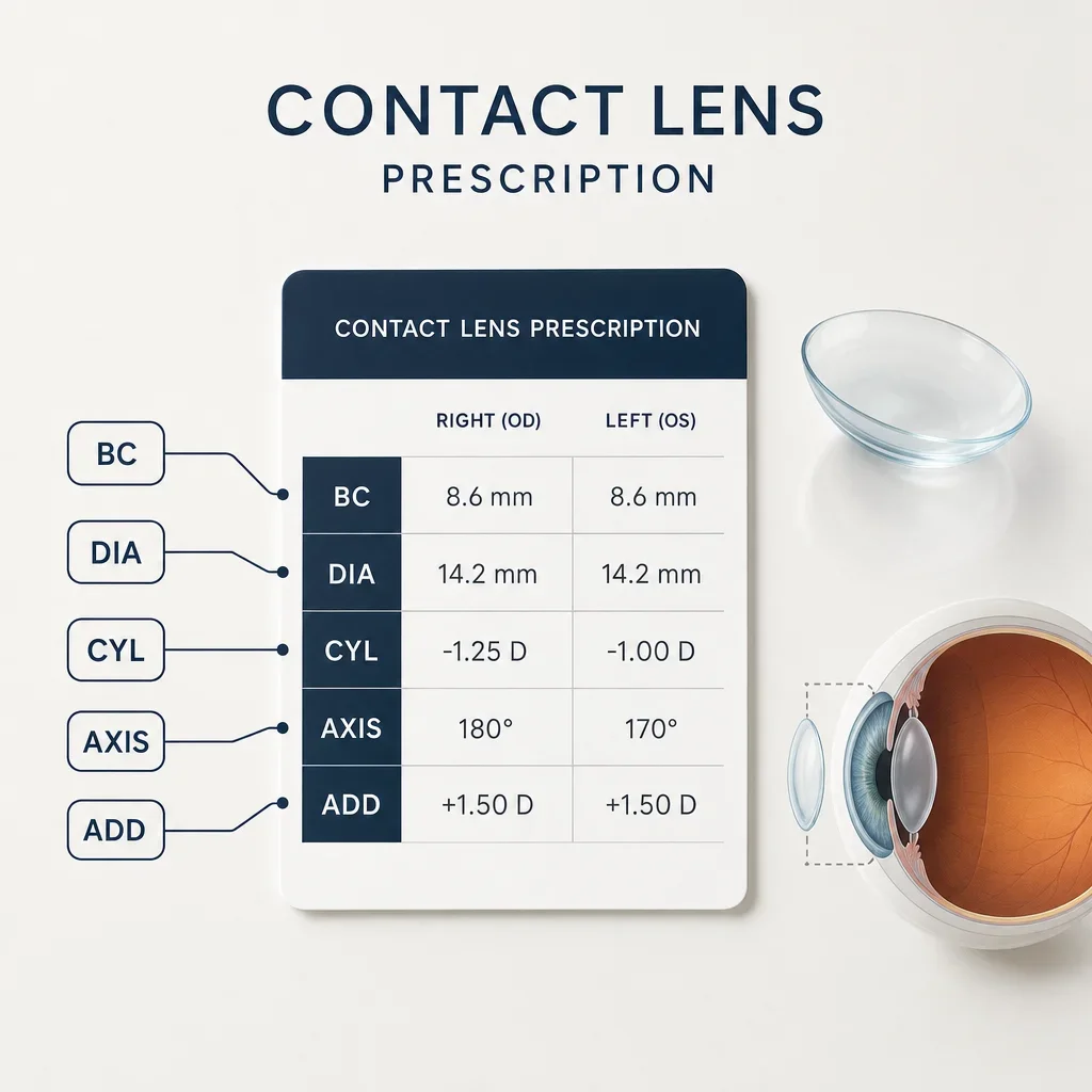 Minimal diagram explaining contact lens prescription fields.