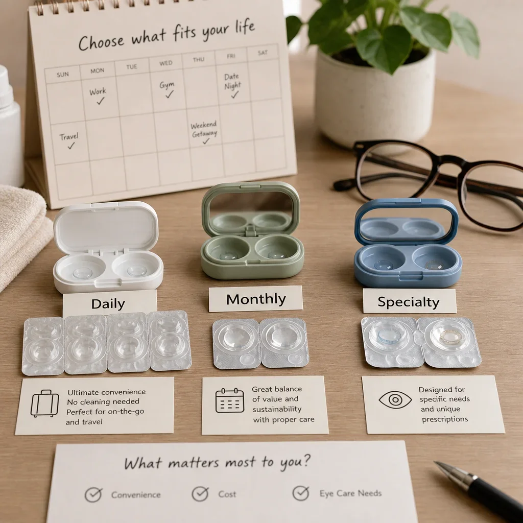 Comparison of contact lens types for different lifestyles and needs.