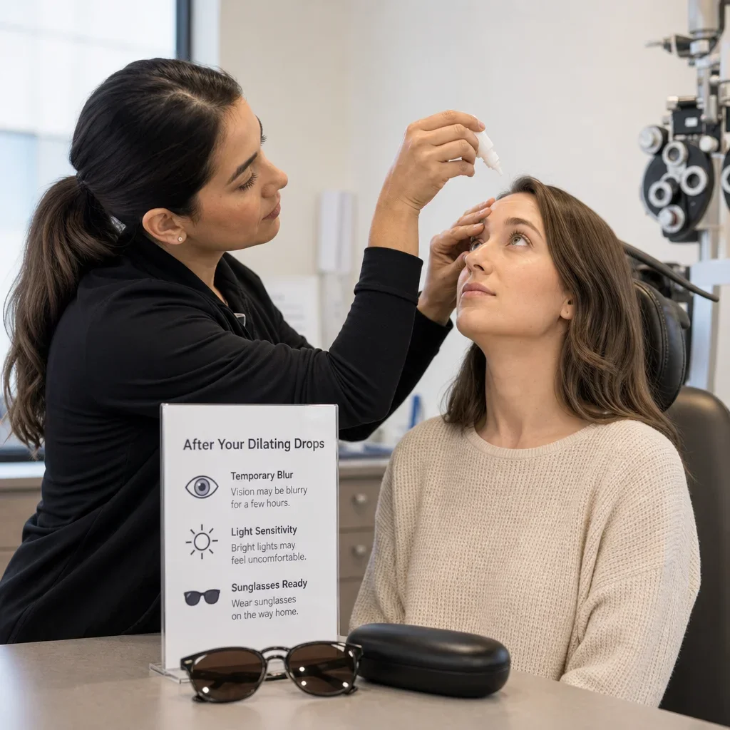 Eye dilation drops being administered in a clinic with sunglasses and glasses case nearby.