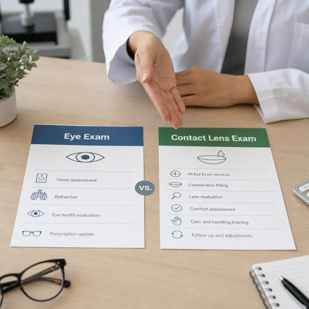 Side-by-side visual contrast between a general eye exam and a contact lens exam.
