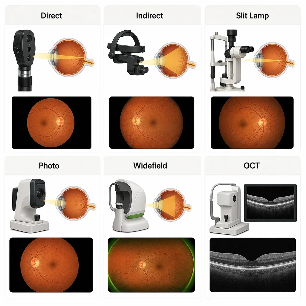 Comparison diagram of six common fundus examination methods.