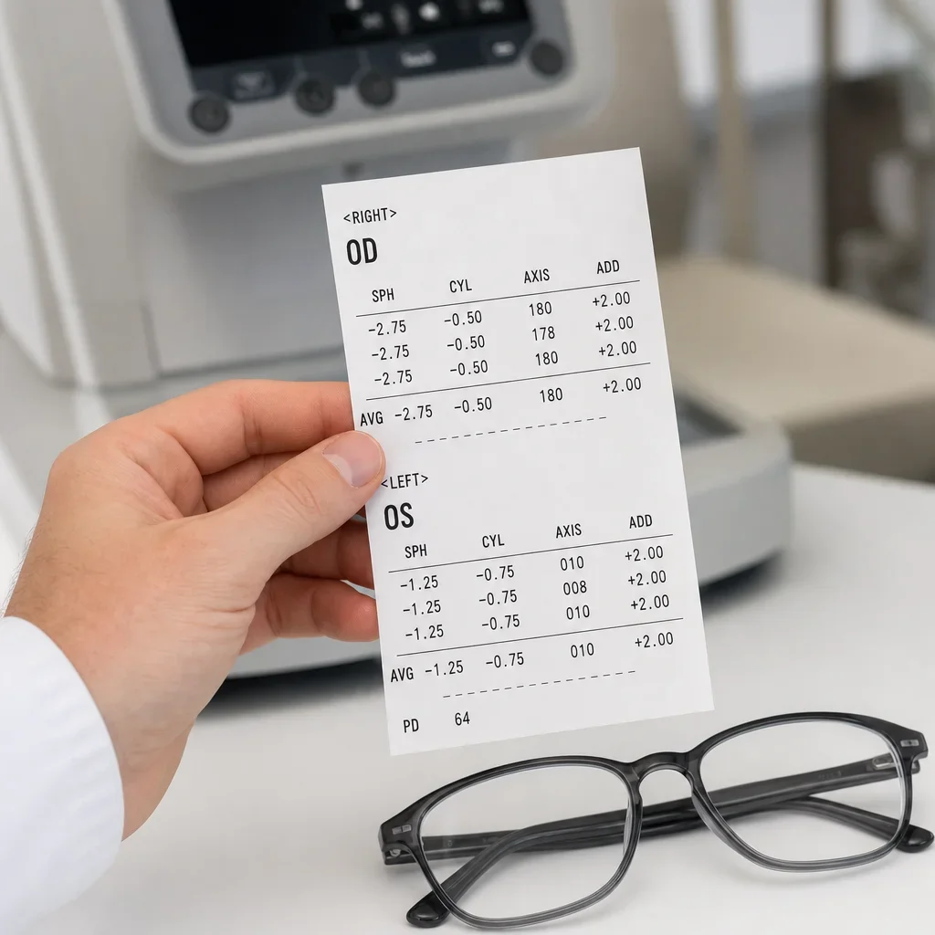 Close-up of an autorefractor printout showing prescription values for each eye.