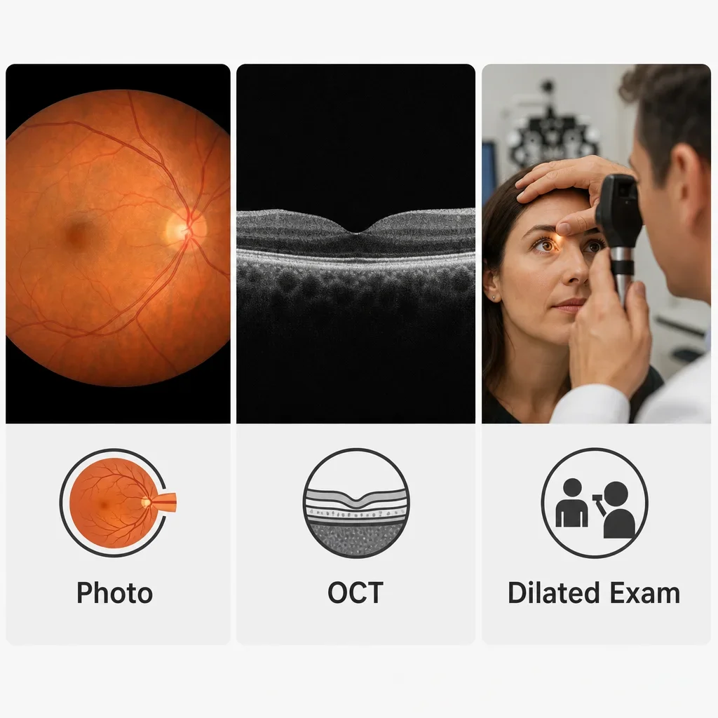 Three-panel comparison of fundus photography, OCT, and dilated eye exam.