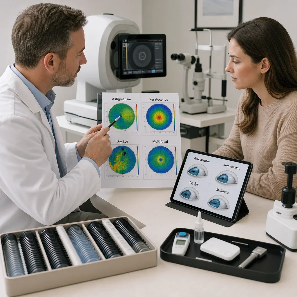 Specialty contact lens consultation with corneal maps and lens samples.