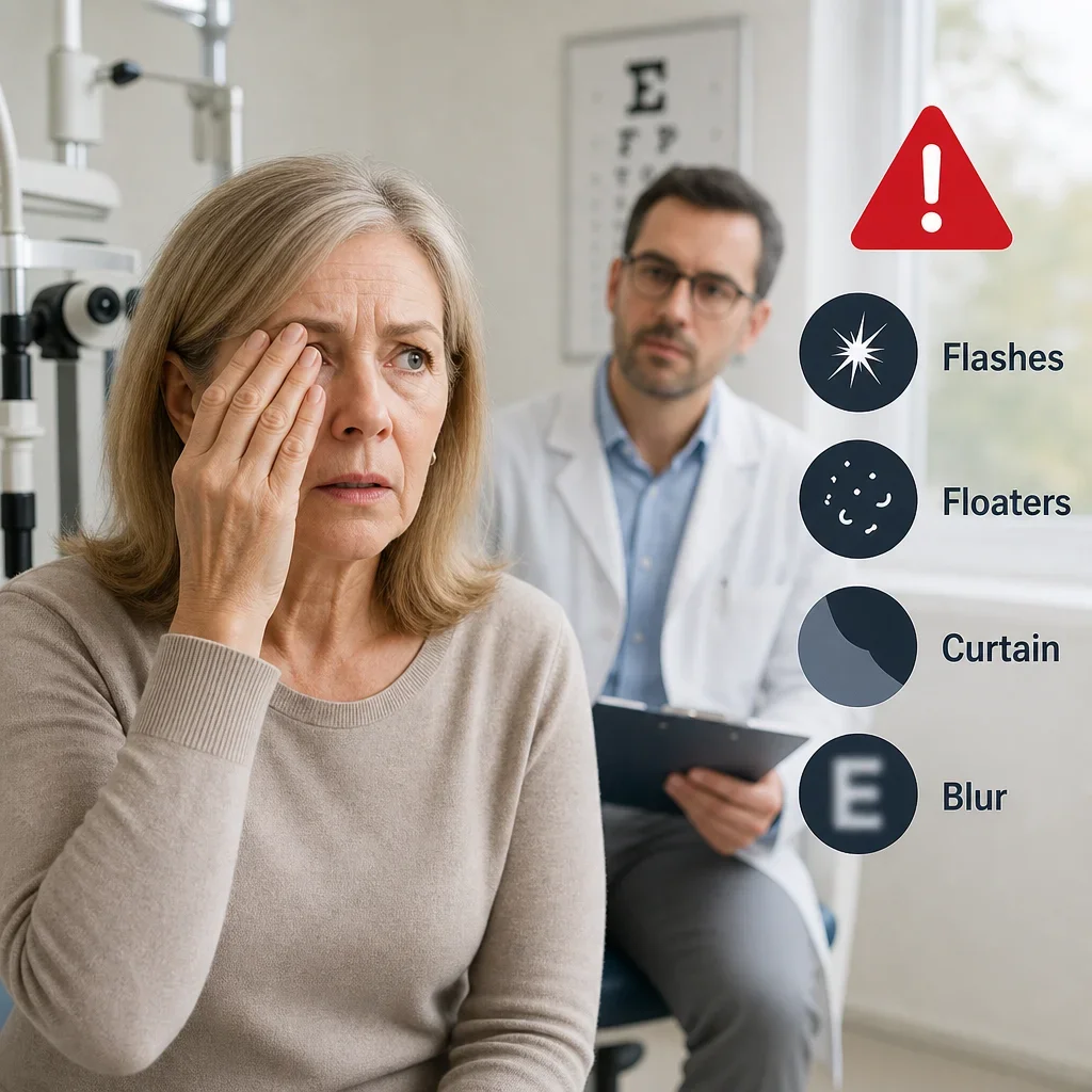 Patient in a clinic with visual red-flag symptoms highlighted.