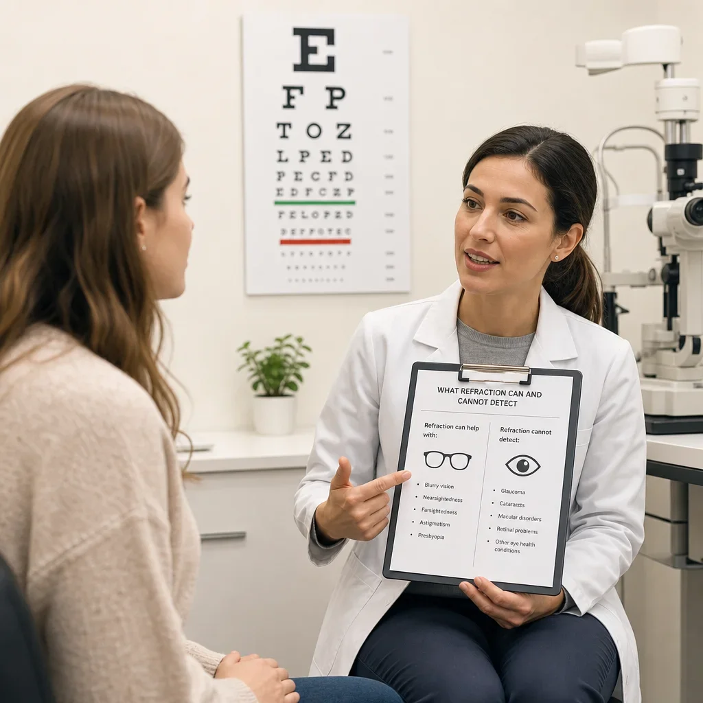 Clinician discussing vision testing with a patient in an eye clinic.