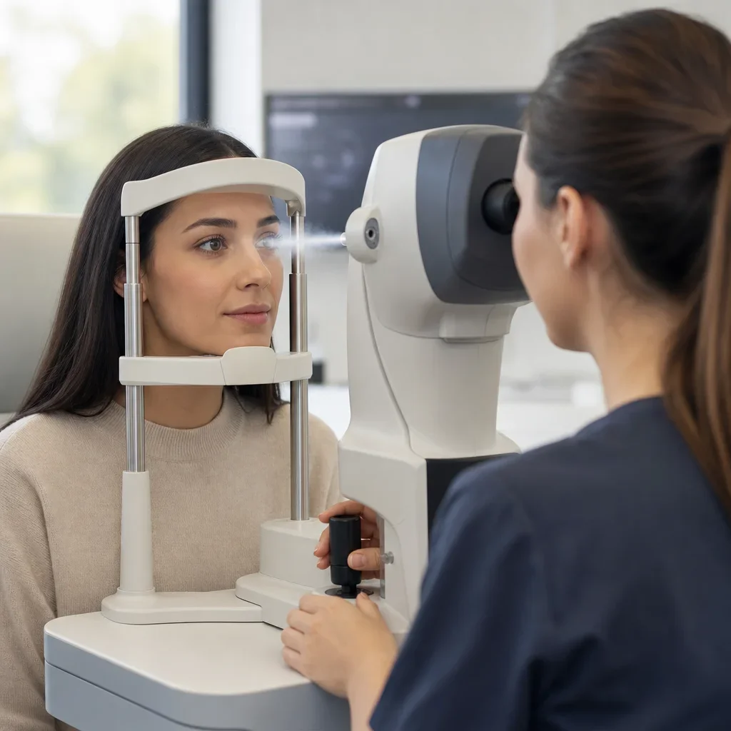 Patient getting an air-puff eye pressure test with a tonometer.