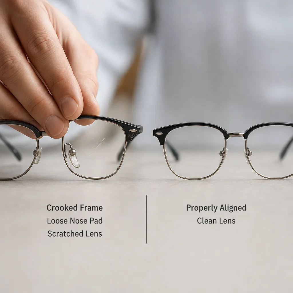 Comparison of a crooked scratched eyeglass frame and a properly aligned frame.