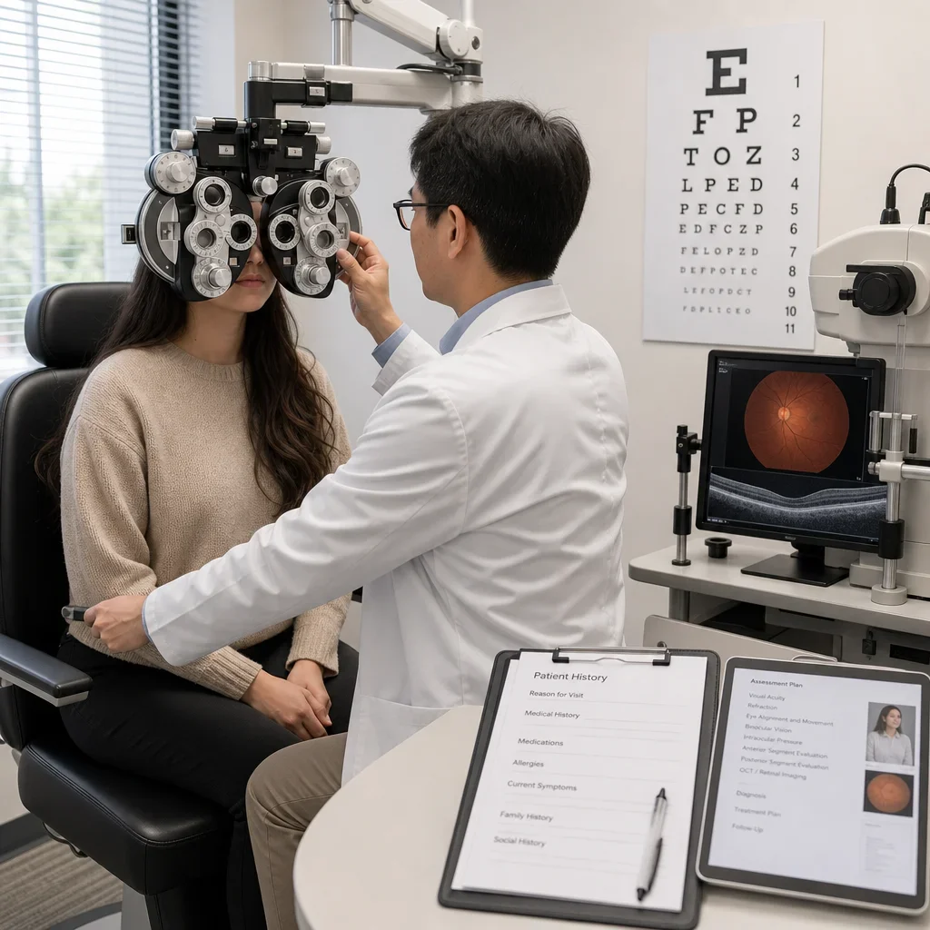 An optometrist performing a comprehensive eye exam with multiple diagnostic tools.