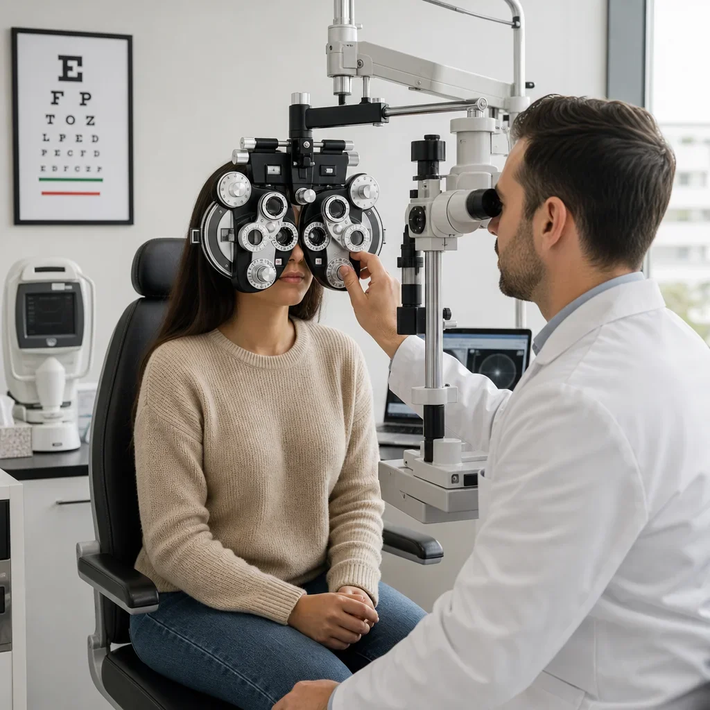 An optometrist performs a comprehensive eye exam in a clinic.
