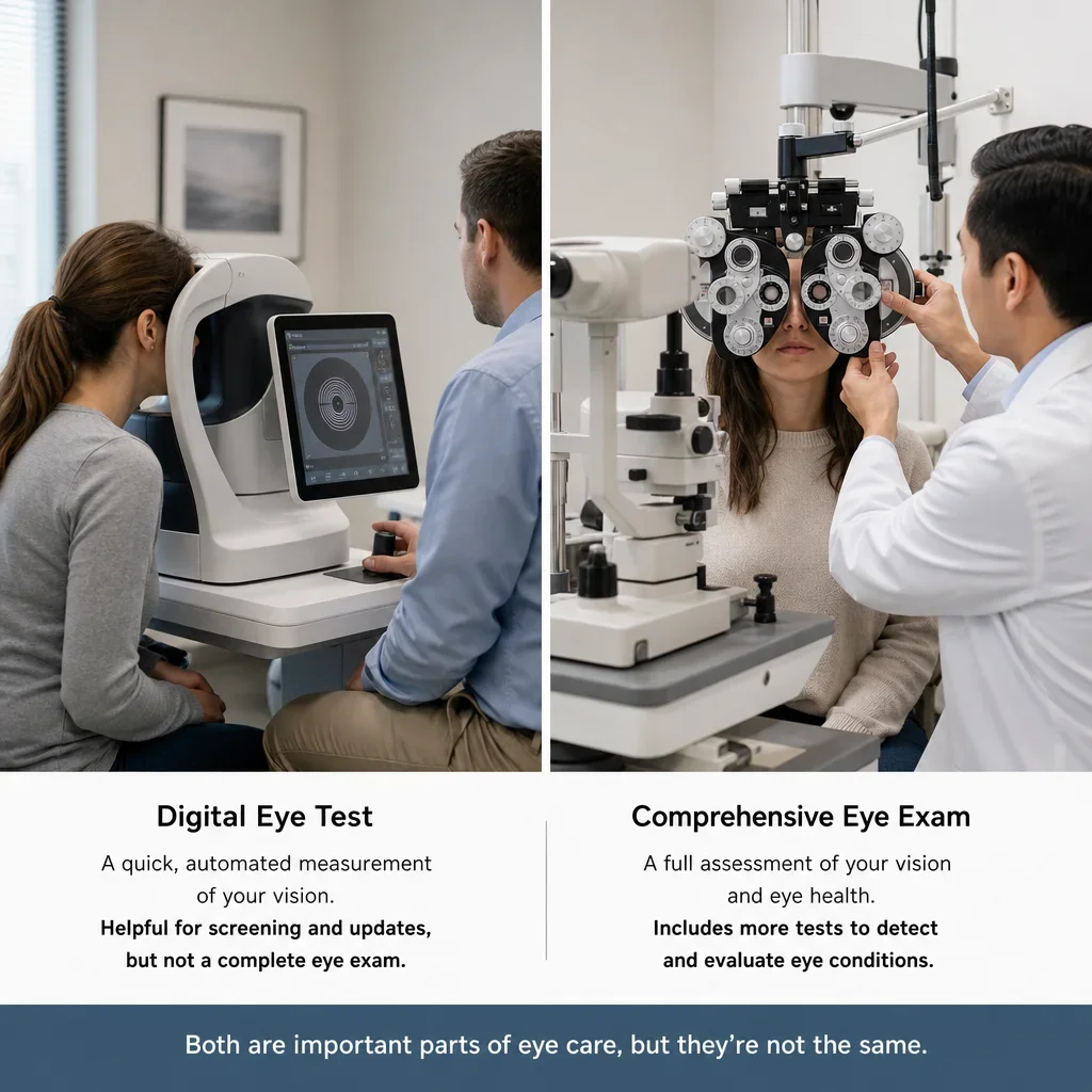 Comparison of a digital eye test setup and a traditional eye exam room.
