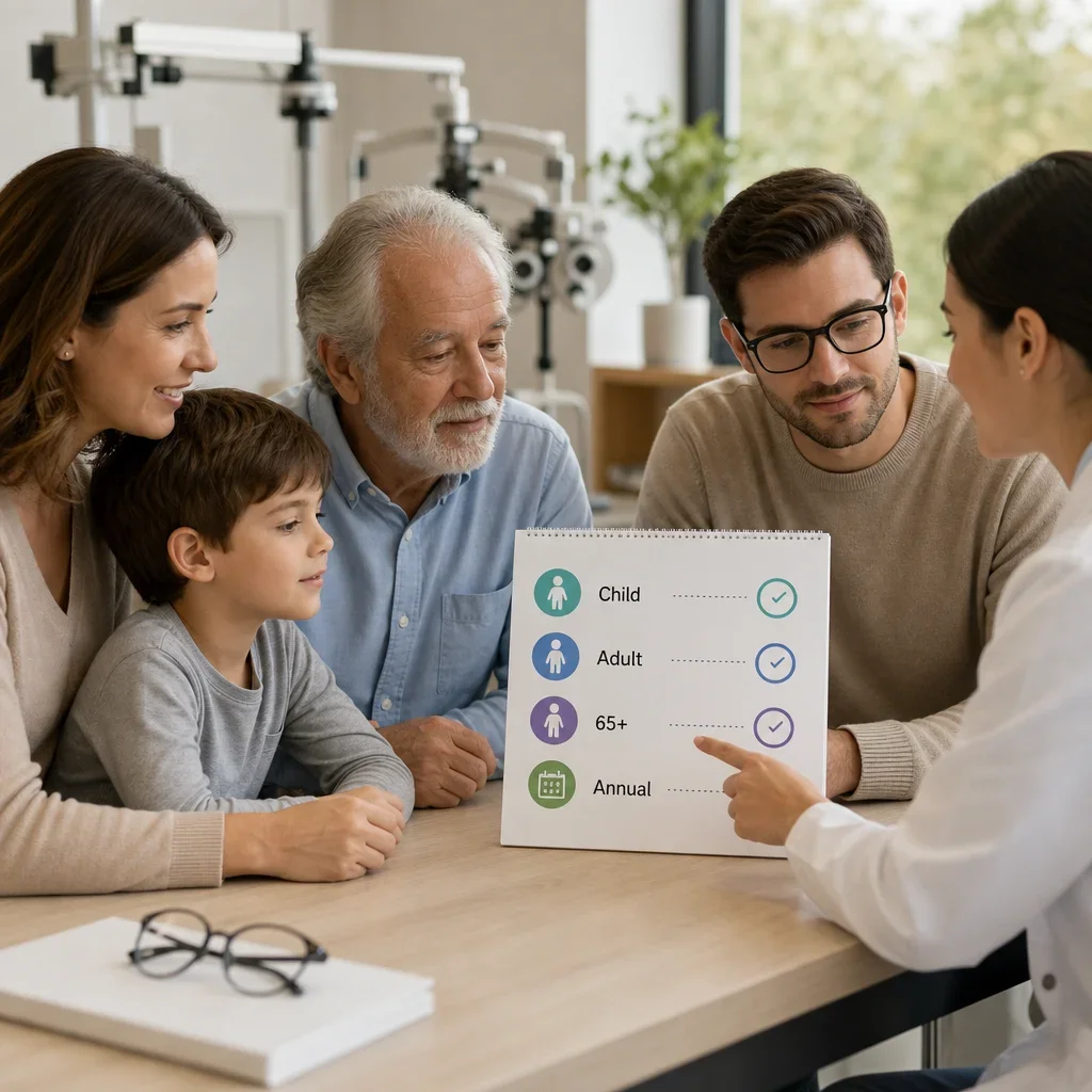 An optometrist discusses eye exam timing for different age groups and risk levels.