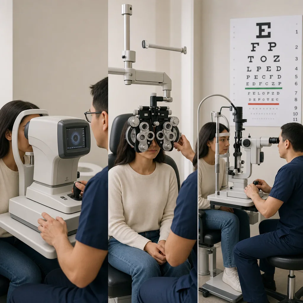 A patient undergoing different stages of an eye exam in a clinic.