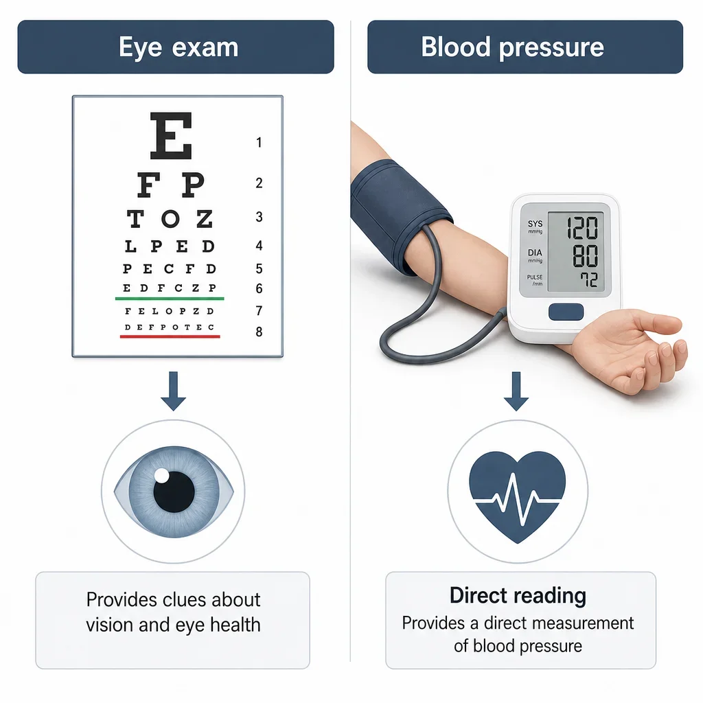 A simple comparison diagram of an eye exam and a blood pressure measurement.