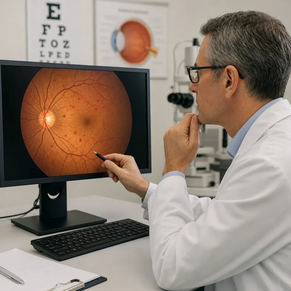 An optometrist reviewing retinal changes that may be associated with high blood pressure.