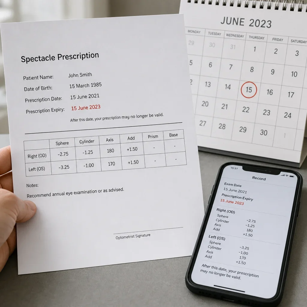 Close-up of an eyeglass prescription next to a calendar to show old versus expired.