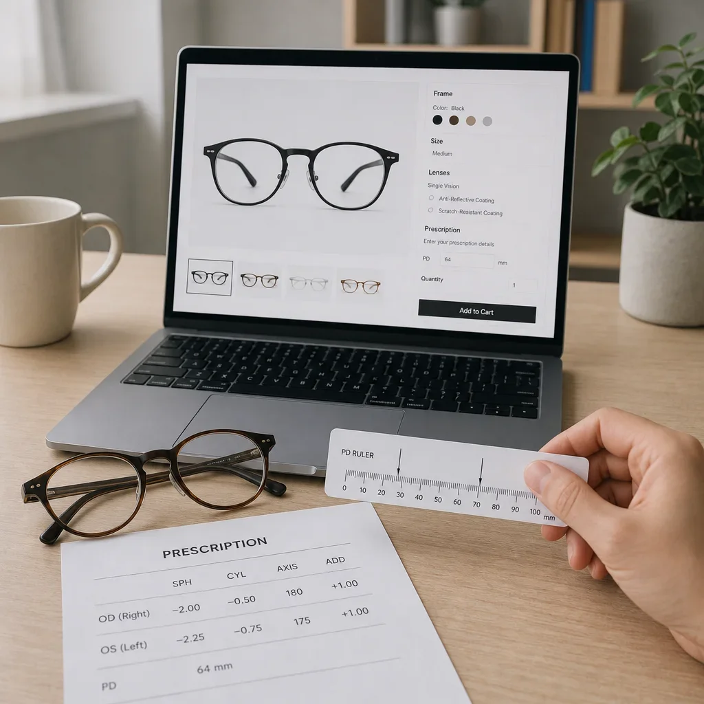 Laptop eyewear order setup with prescription and measuring tools beside it.