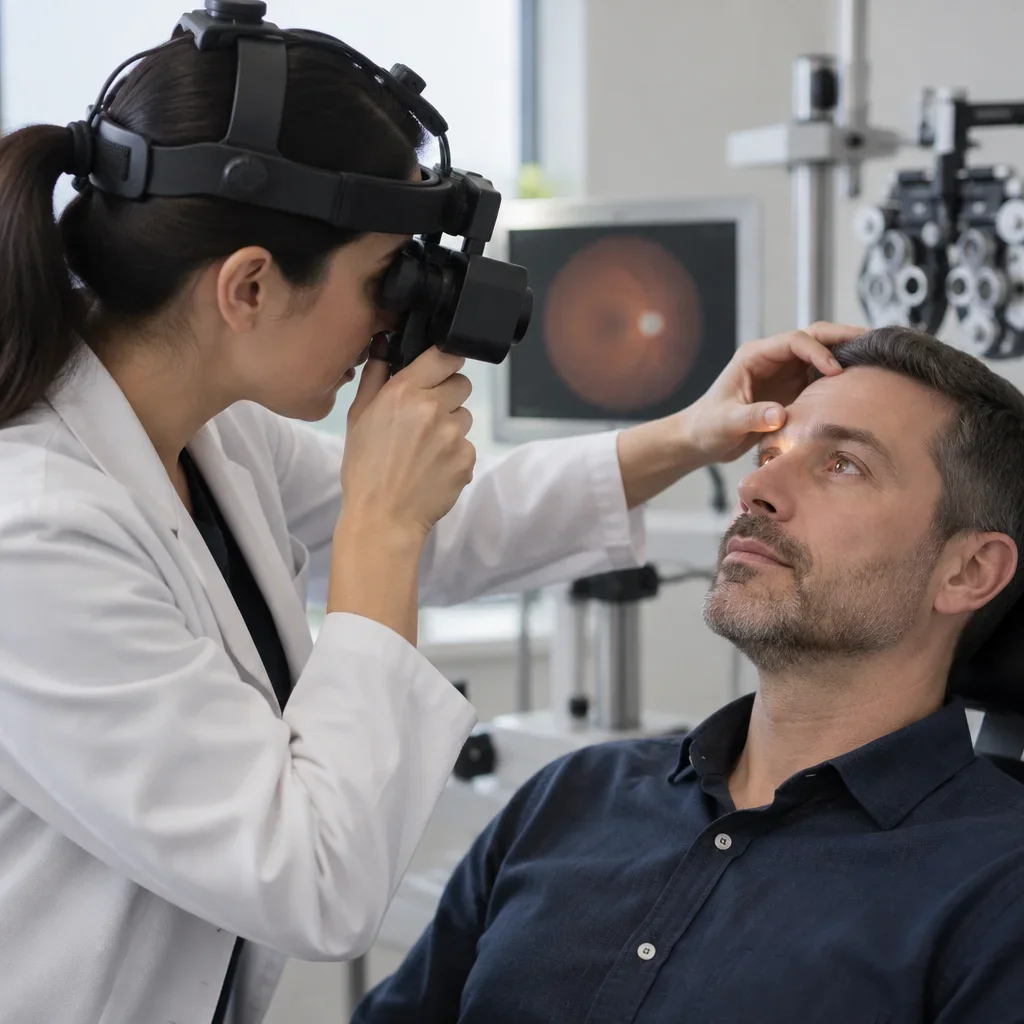 An optometrist uses an indirect ophthalmoscope to examine a patient's dilated eye.