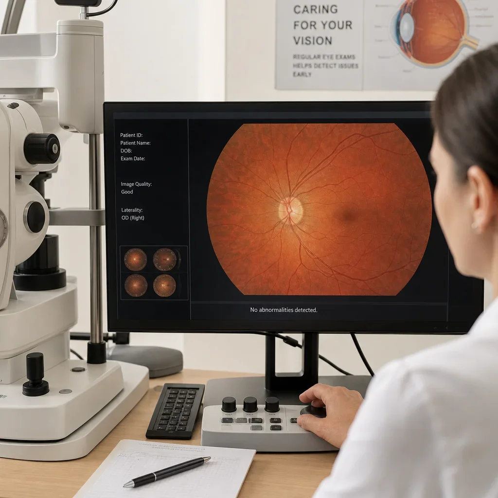 A close-up view of the retina and optic nerve displayed in a clinic.