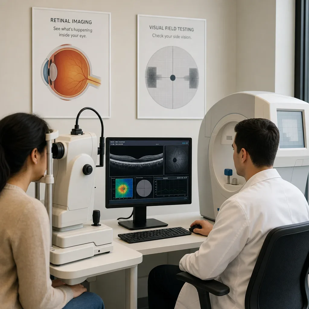 Clinic scene showing retinal imaging, OCT, and visual field testing equipment.