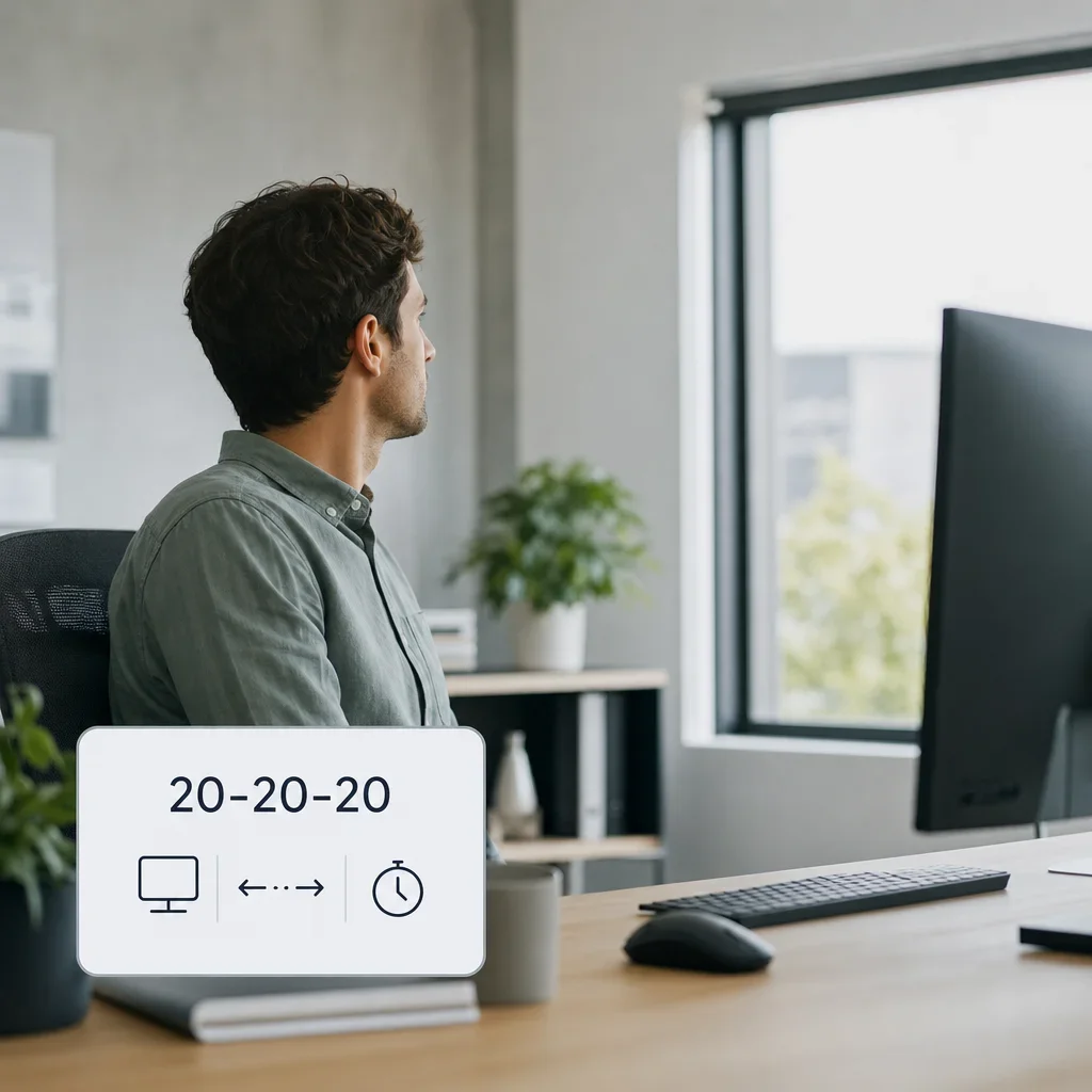 A person pauses from screen use to follow the 20-20-20 eye break rule.
