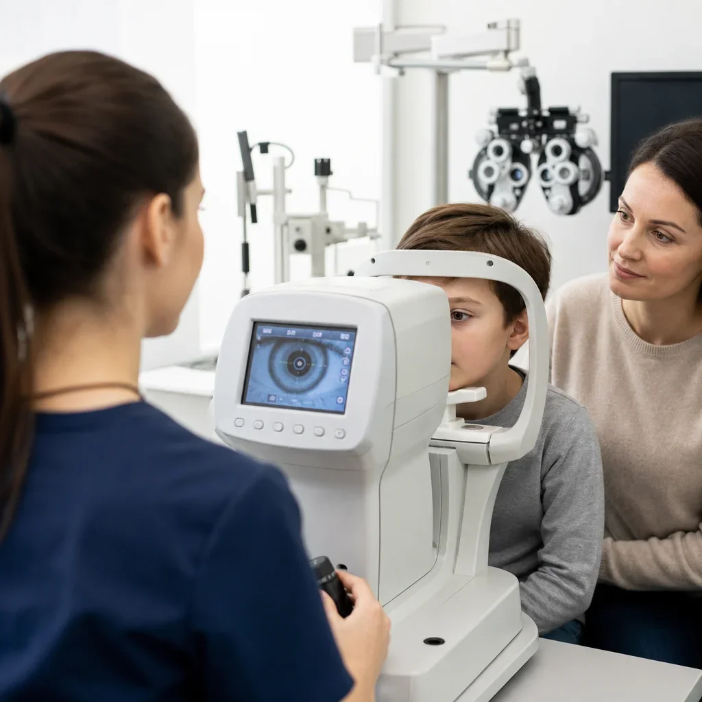 Optometrist using specialized tools for a child or contact lens fitting.