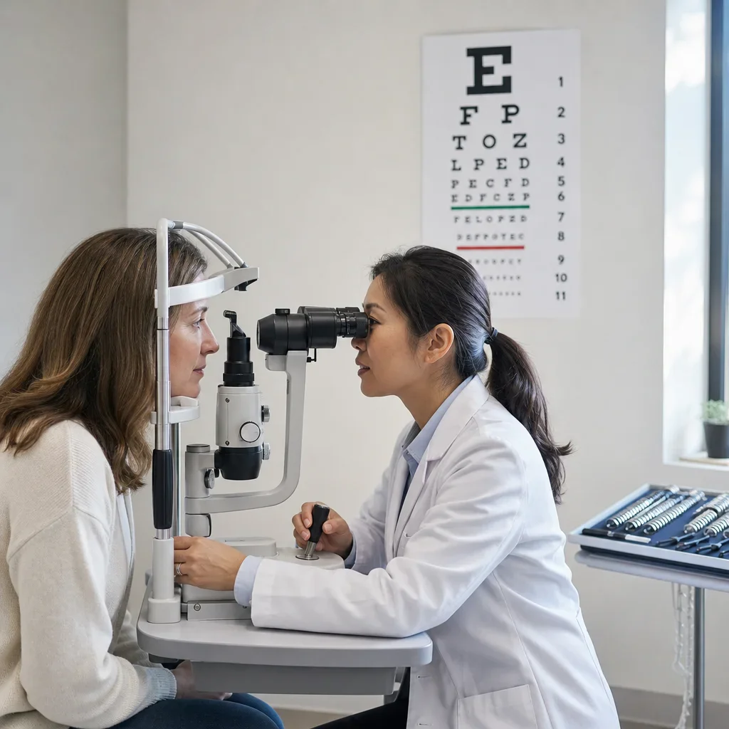 Eye-care professional performing a comprehensive eye exam in a clinic.